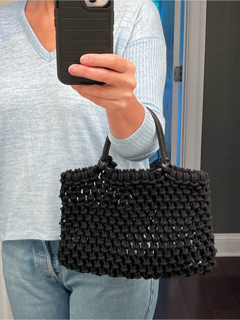 Clare V. Black Macrame Mini Tote with Tonal Top Handles